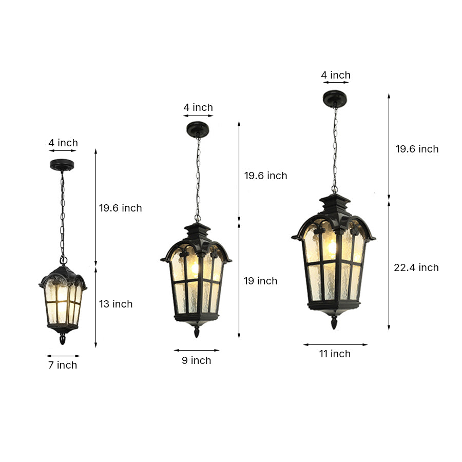 Technical specification diagram showing dimensions of various hanging lantern models