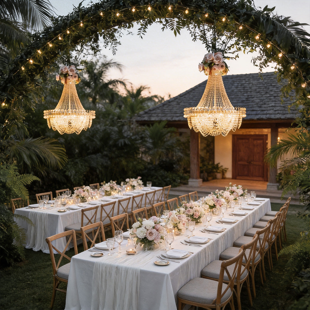 Hanging light outdoor with a vintage design, illuminating a decorated dining table.