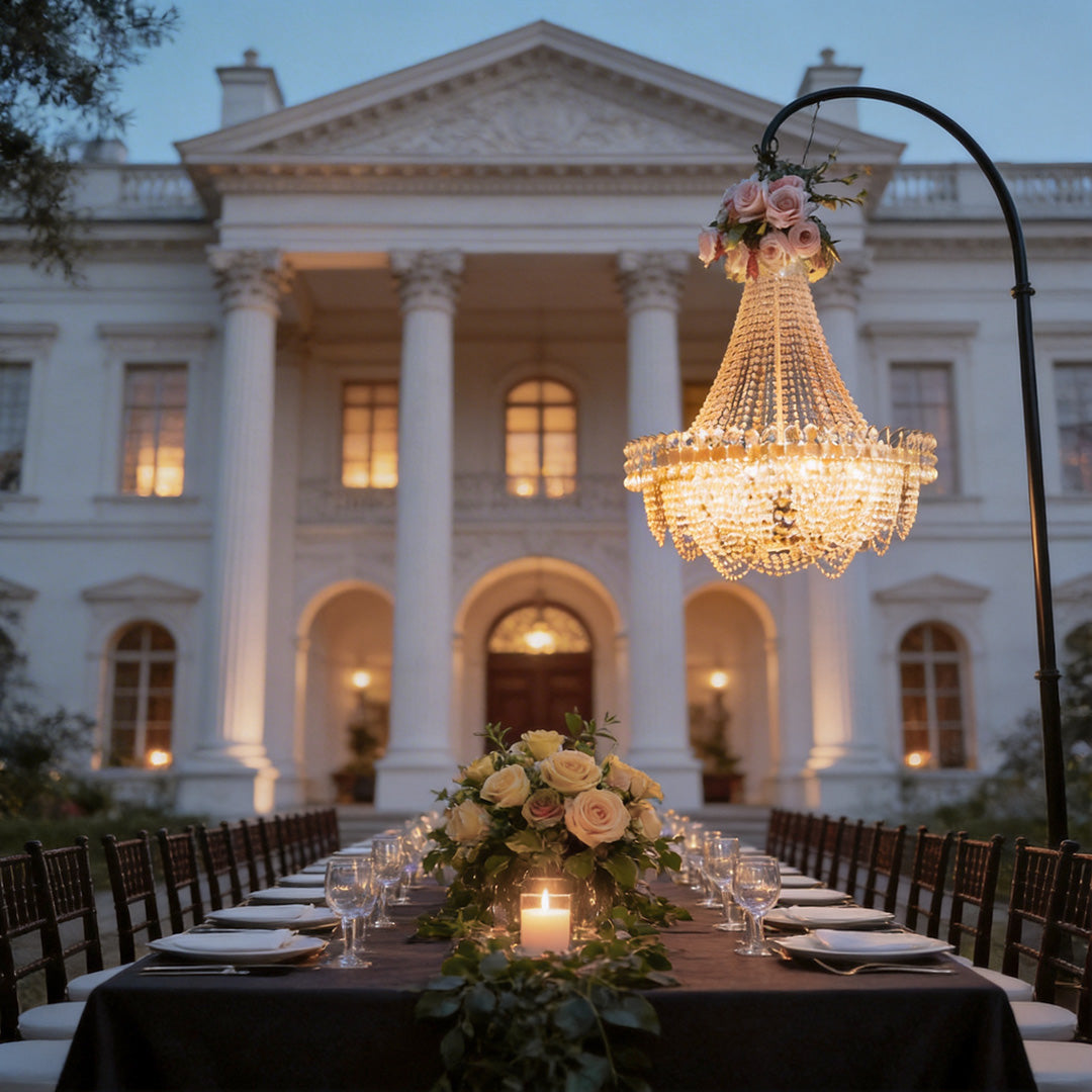 Hanging light outdoor with a vintage design, enhancing a grand building entrance.
