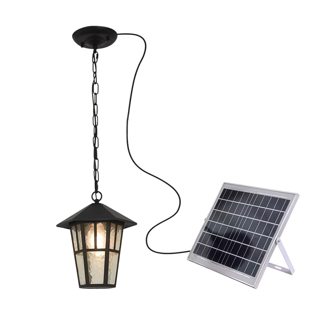 Hanging outdoor light with a classic design, providing ambient lighting.