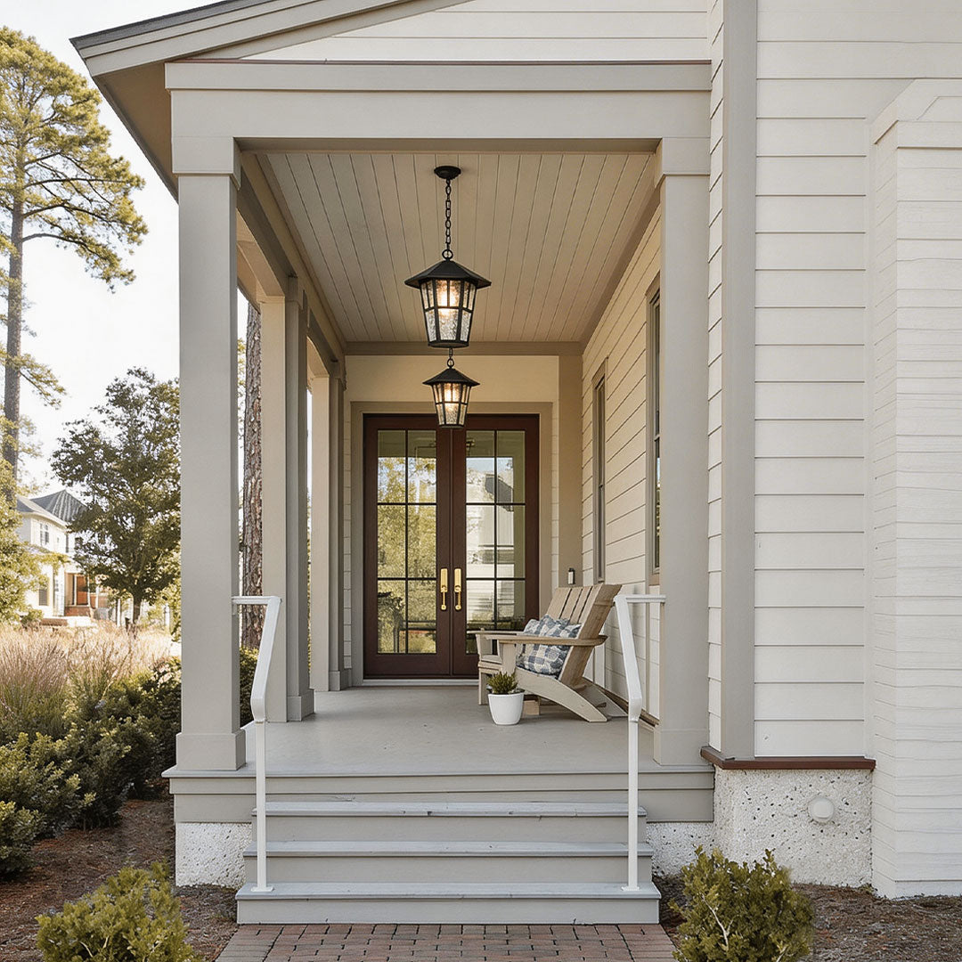 Hanging outdoor light with a classic design, enhancing a cozy front porch.
