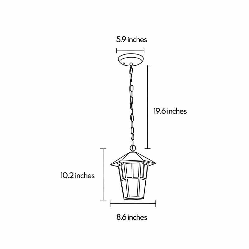 Technical diagram of hanging outdoor light showing dimensions and installation details.