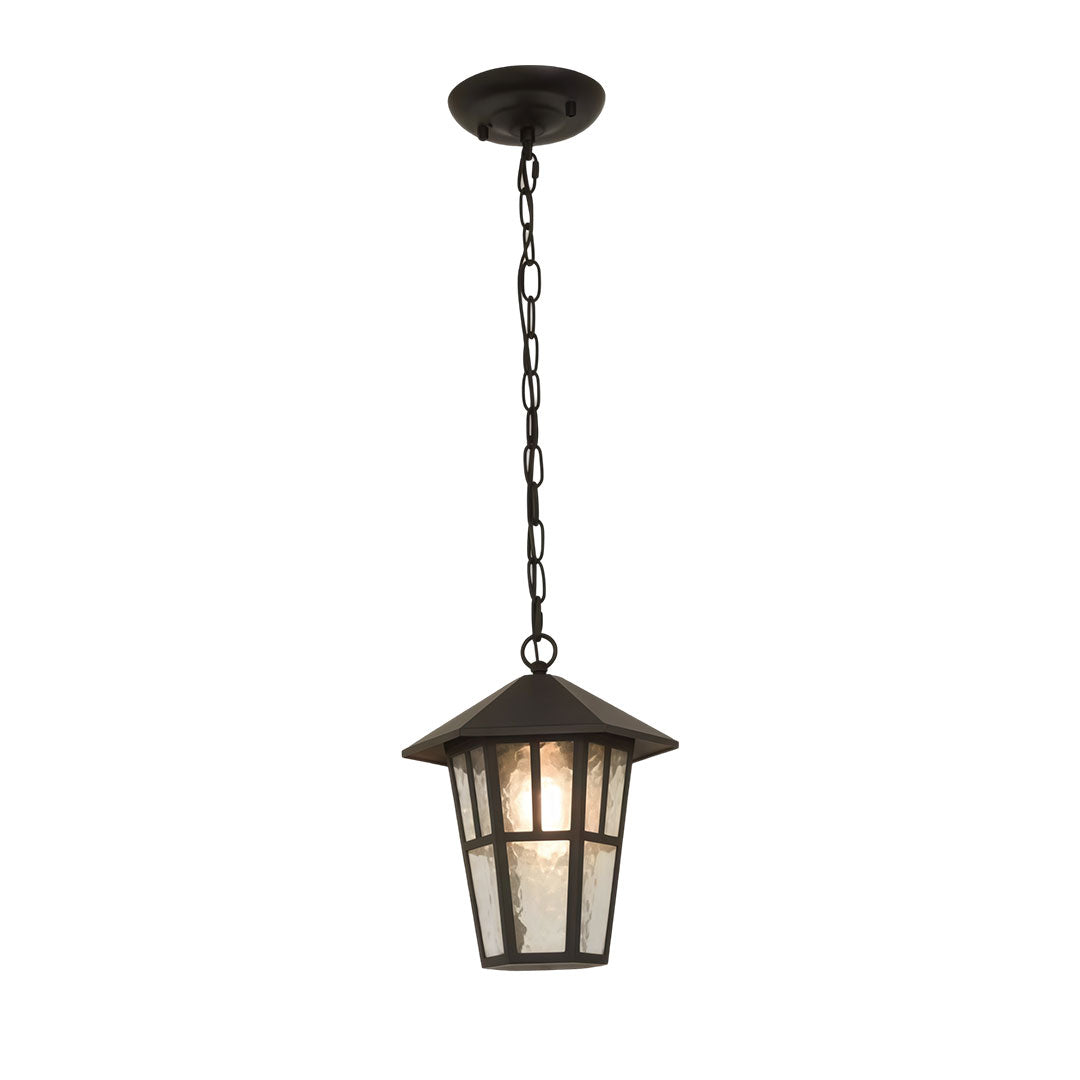 Hanging outdoor light with a vintage design, featuring a solar panel.