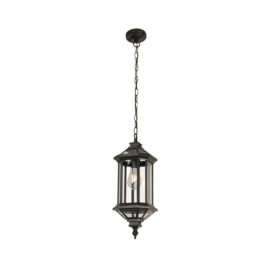 Hanging outdoor pendant lights isolated product view with chain suspension and lantern-style frame.
