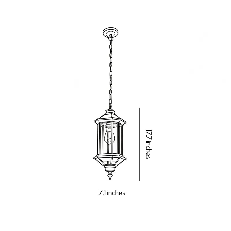 Hanging outdoor pendant lights dimension drawing showing fixture height, width, and hanging structure measurements.