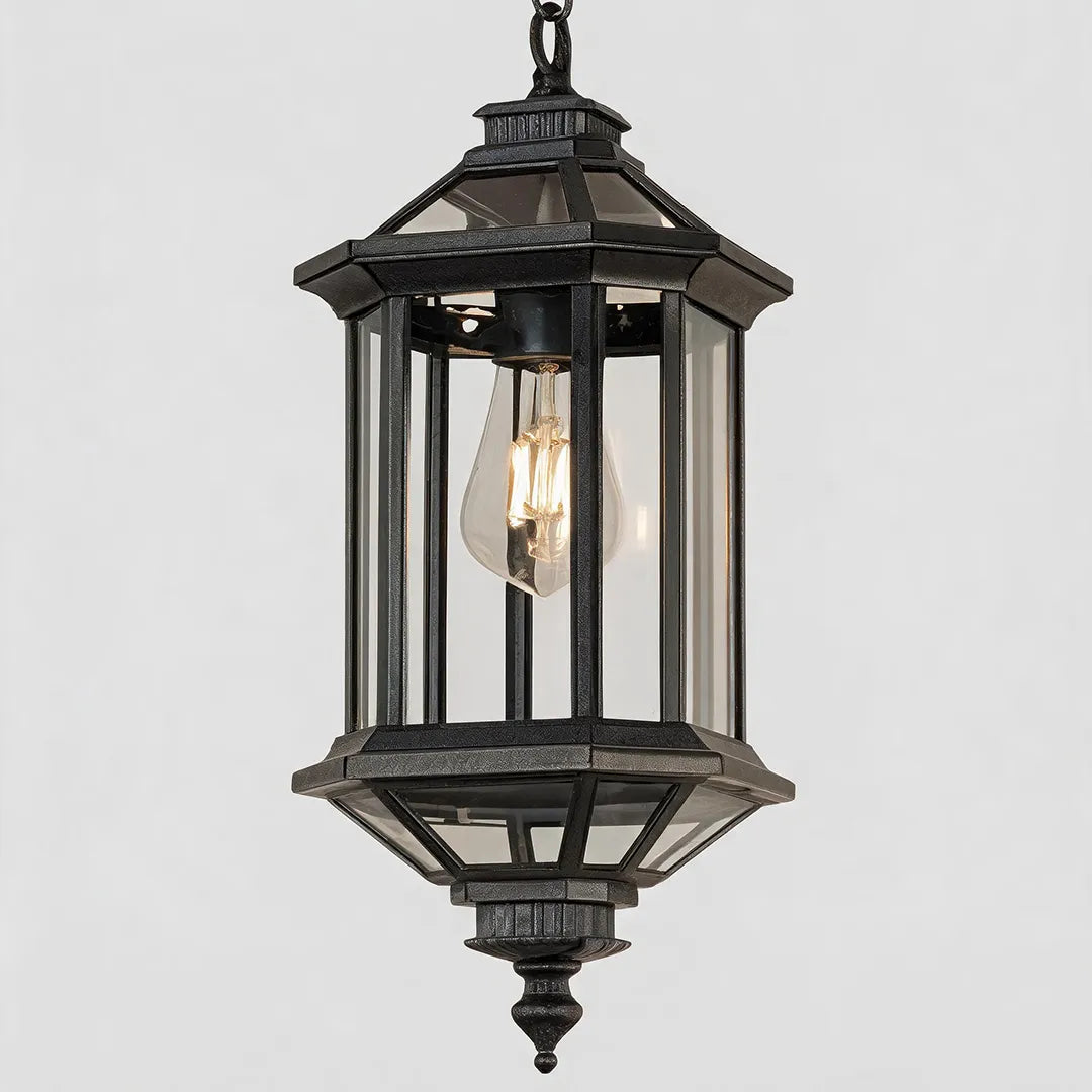 Hanging outdoor pendant lights product image showing a classic black lantern pendant with clear glass panels.