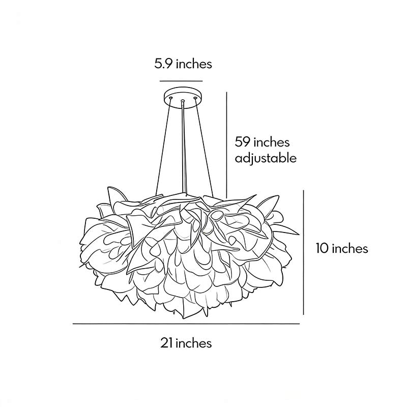 Hanging petal light fixture with a close-up of its petal design and soft lighting effect.