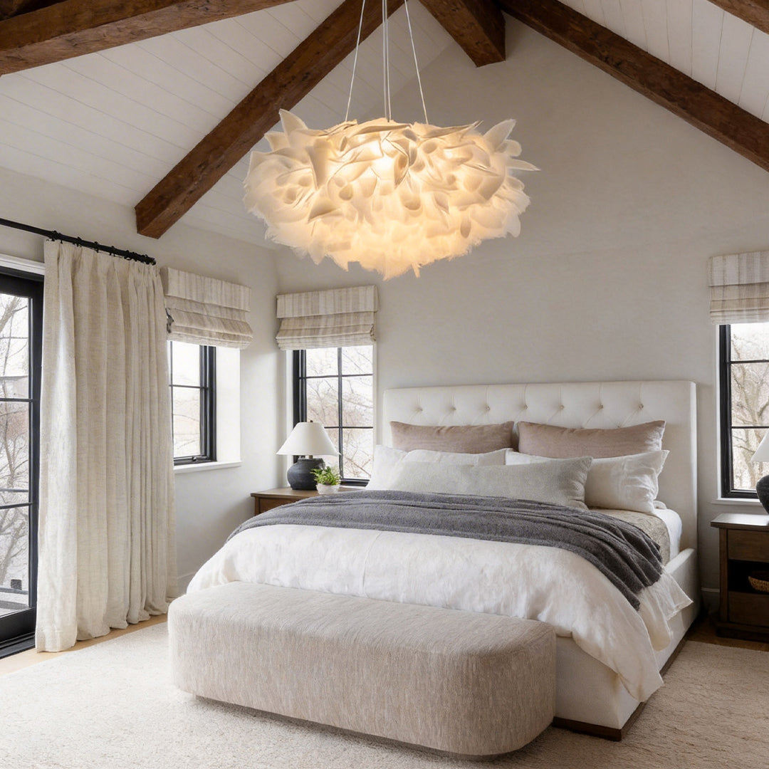 White petal chandelier in a bedroom with dark walls