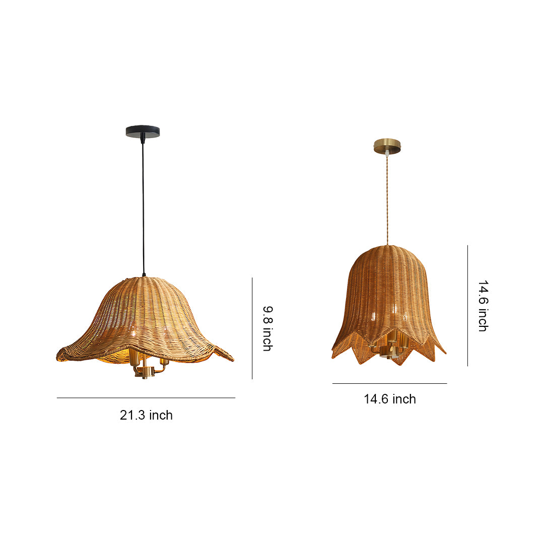 Hanging rattan pendant light with an elegant, woven design, perfect for adding a natural touch to contemporary interiors.