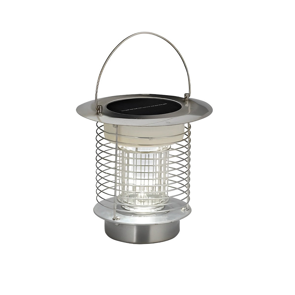 Hanging solar light bug zapper lantern with metal cage design.