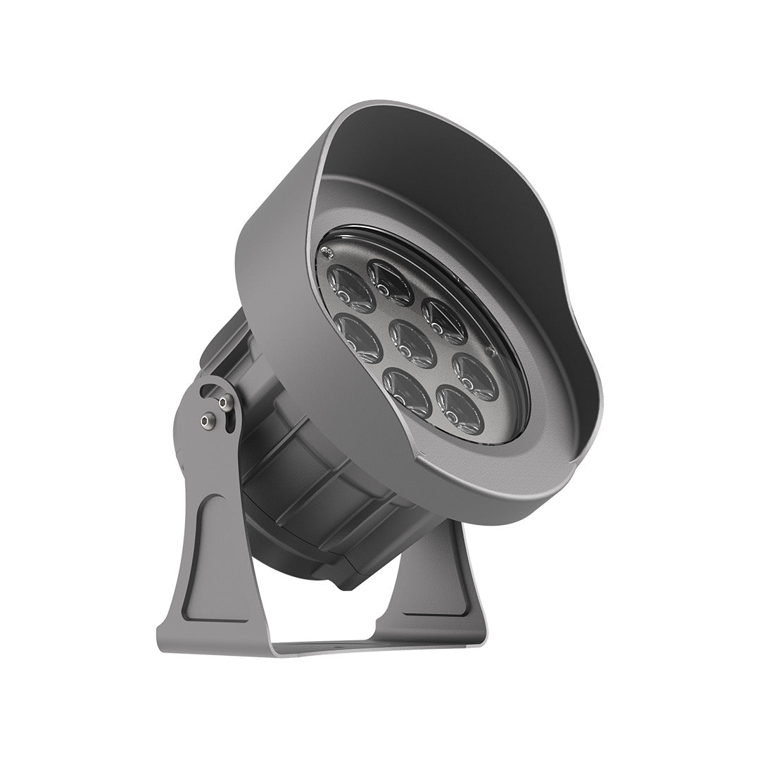 Heavy-duty outdoor spotlight with robust angled housing and precision beam control features