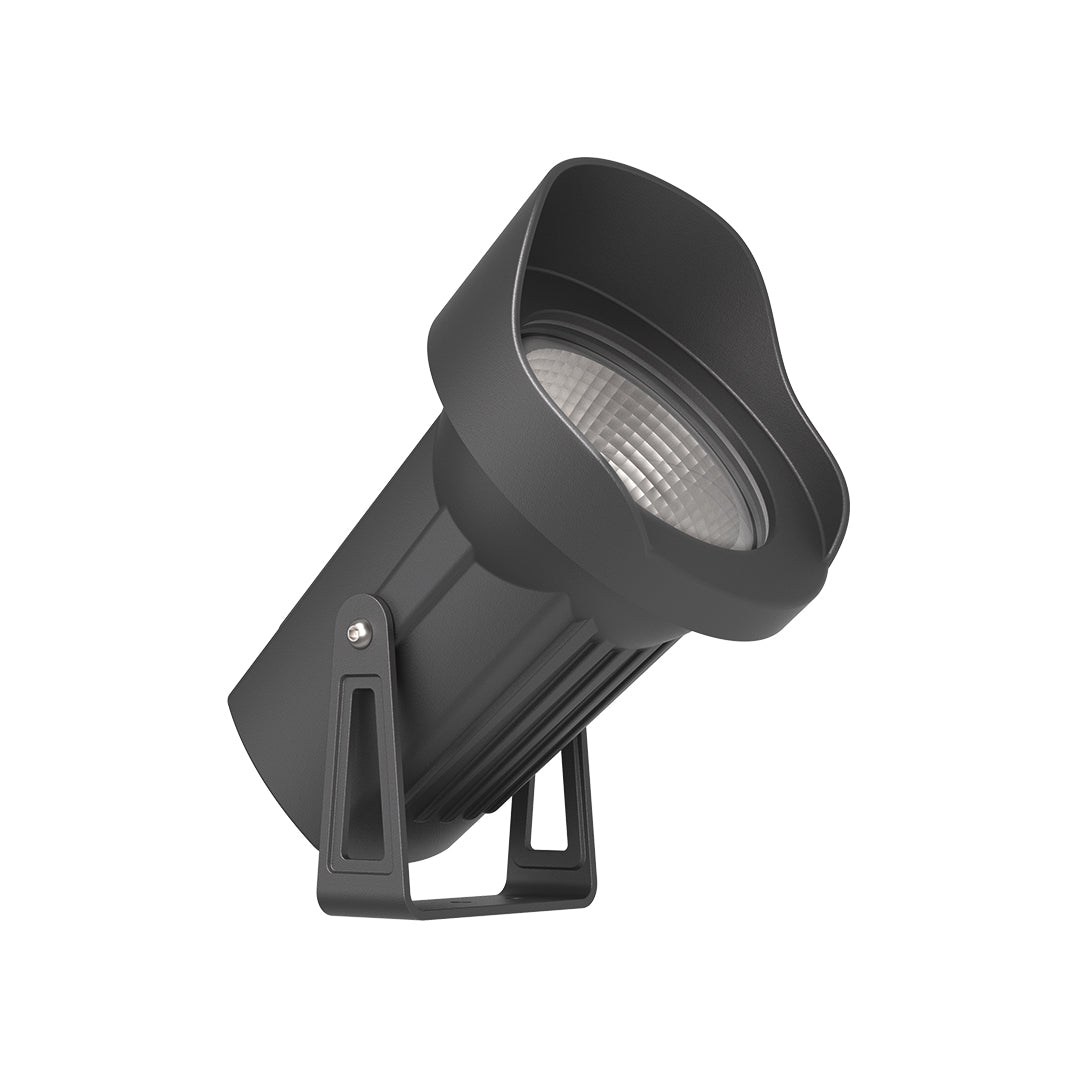Heavy-duty floodlight with robust mounting system and heat dissipation fins for commercial outdoor applications
