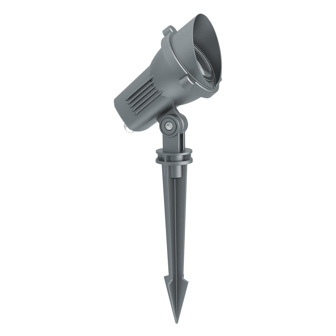 Heavy-duty gray LED spotlight with adjustable head and robust ground stake for professional landscape applications