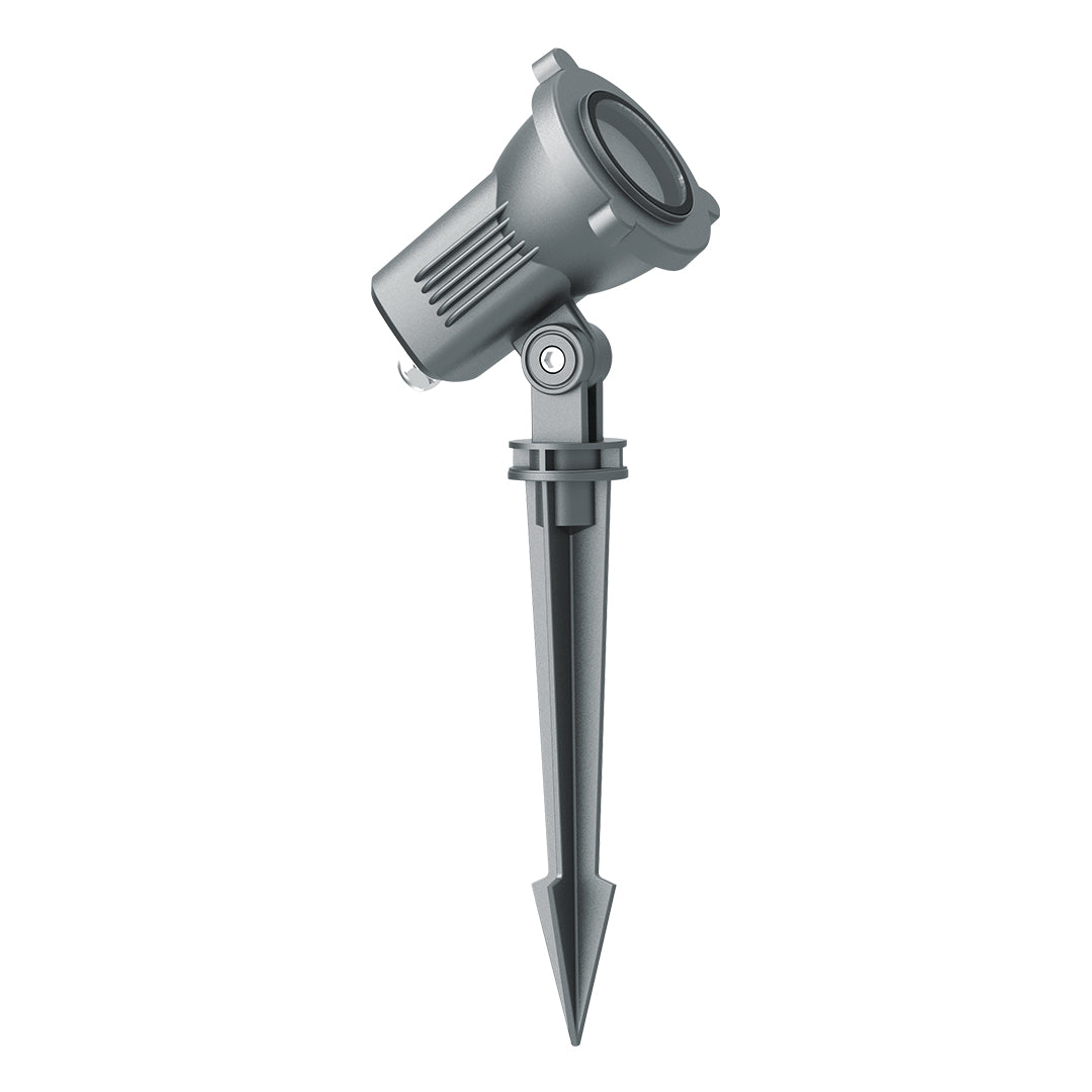 Heavy-duty gray LED spotlight with adjustable head and robust ground stake for professional landscape applications