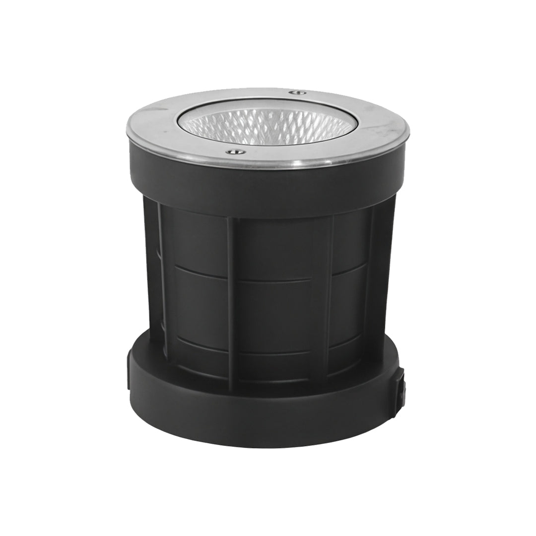Heavy-duty inground light fixture with reinforced casing for long-term outdoor installation.