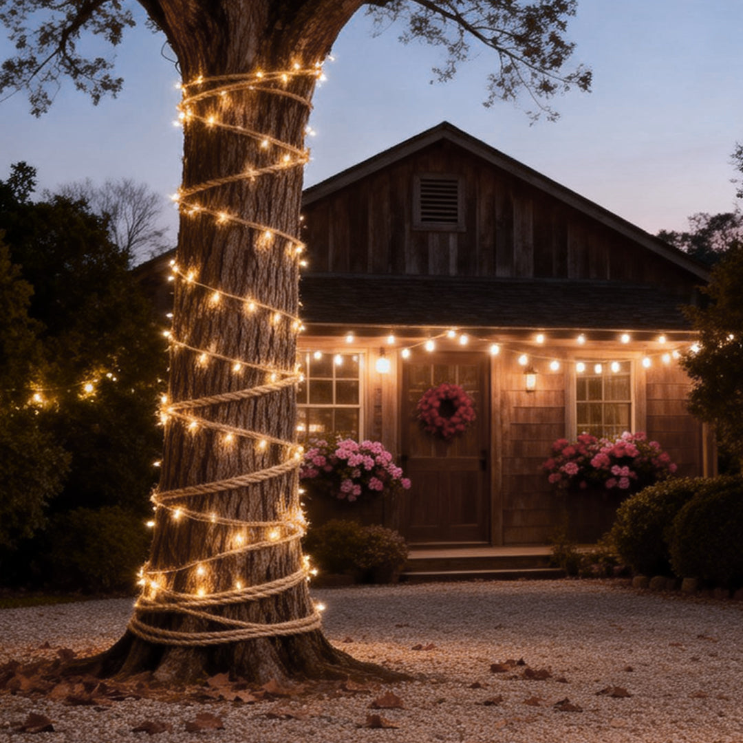 The warm glow of hemp rope light wrapped around a tree, creating a cozy and inviting atmosphere in the garden or outdoor space.