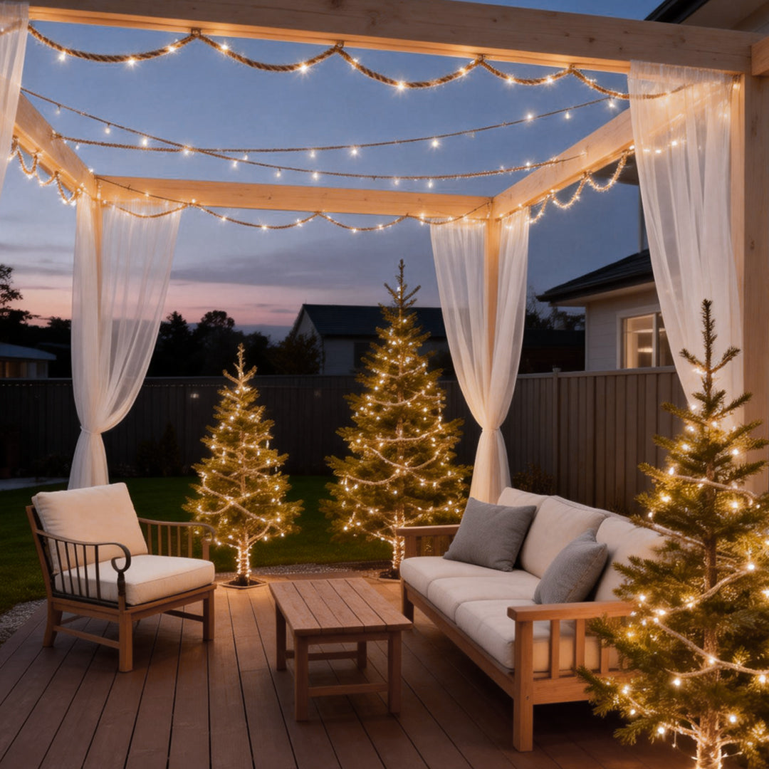 Hemp rope light adorning a porch area, casting a soft, ambient light perfect for relaxing outdoor evenings.
