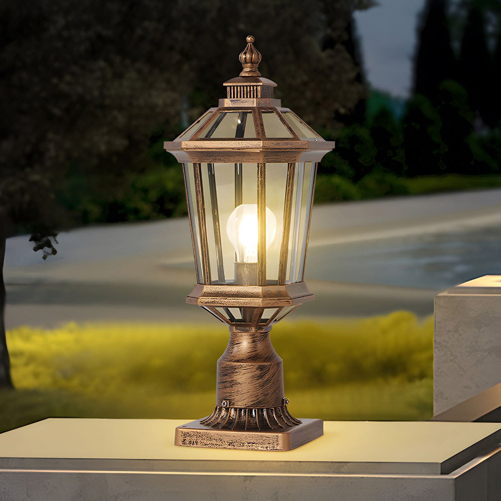 Heritage-style lantern glowing softly on outdoor patio creating inviting atmospheric lighting for evening gatherings