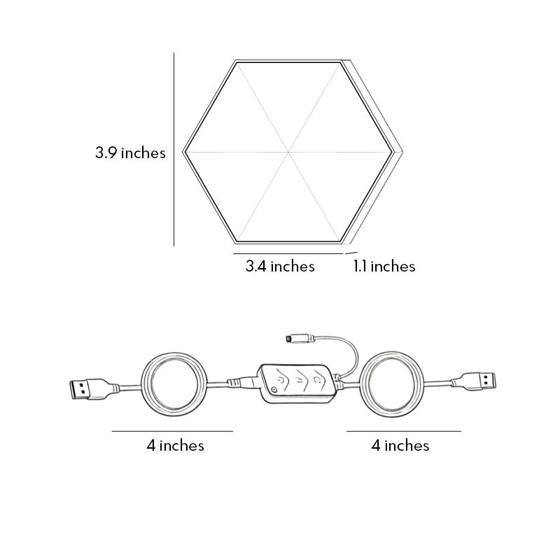 Hexagon LED wall lights dimension diagram illustrating panel size and connection measurements.