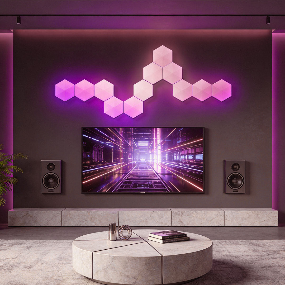 Hexagon LED wall lights installed above a modern TV wall, creating immersive ambient lighting in a contemporary living room.