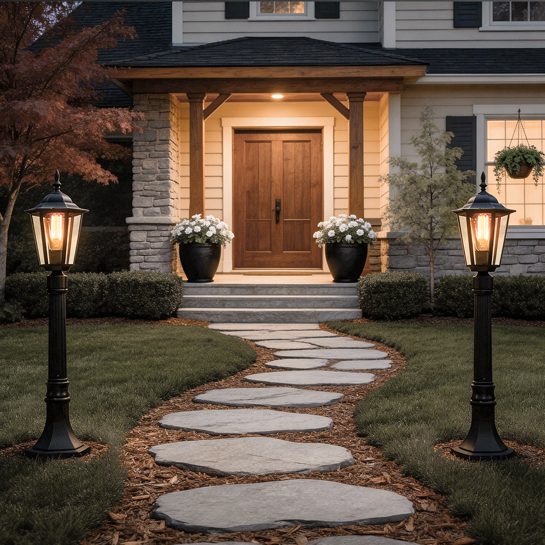 Hexagon path light enhancing a contemporary house entrance with elegant light.