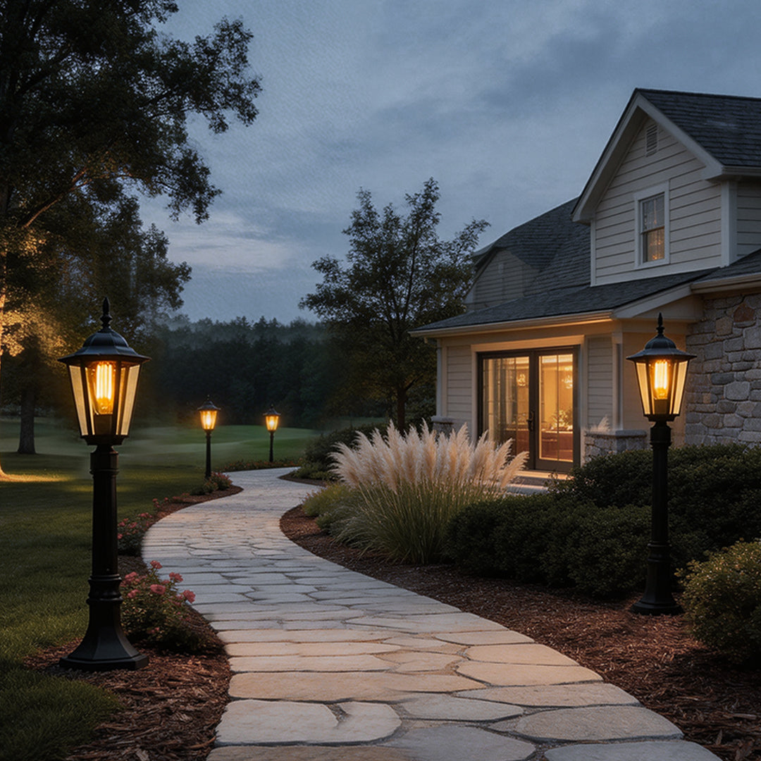Hexagon path light illuminating a modern garden pathway with warm ambient glow.