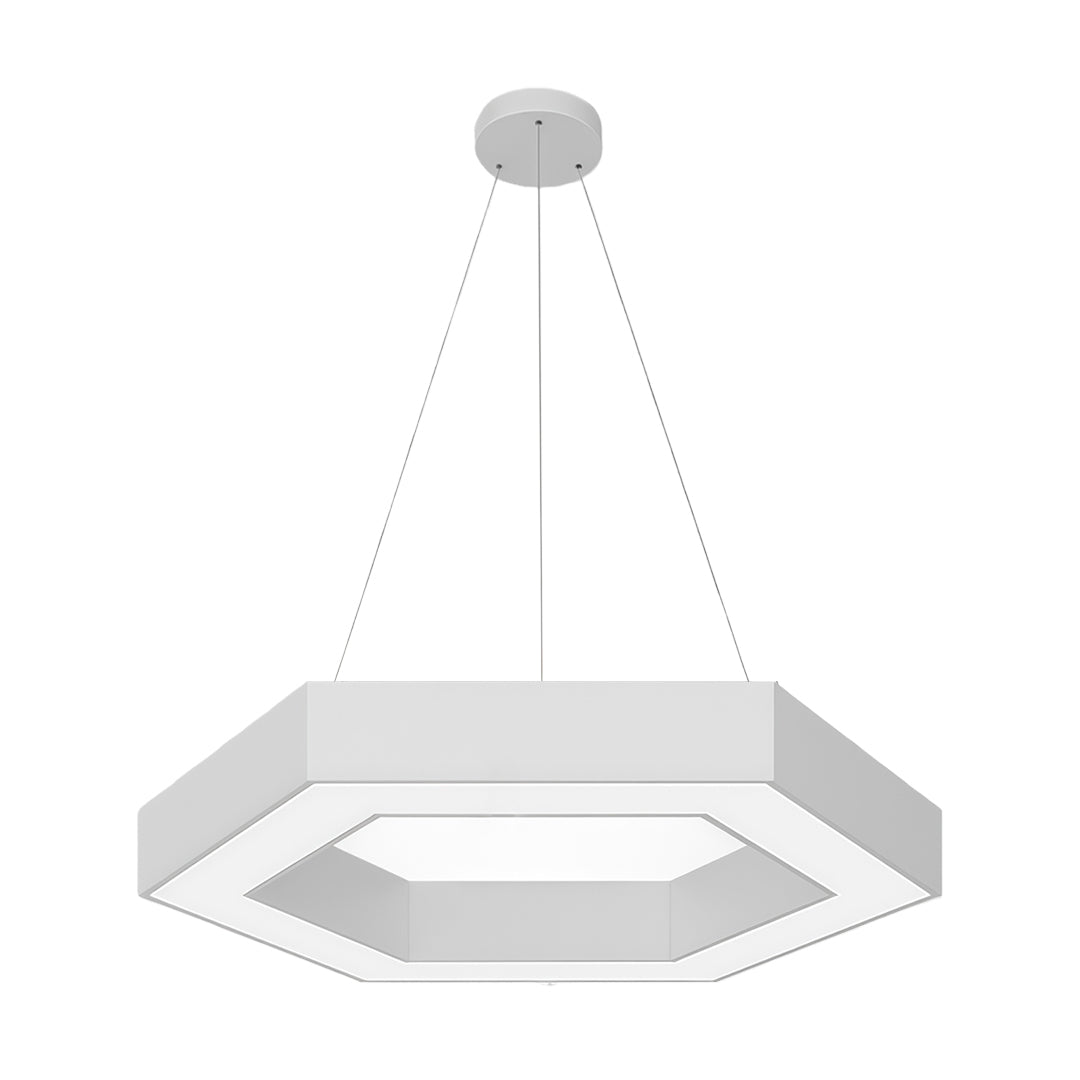 Modern geometric chandelier with hexagonal lights, designed to illuminate a hallway or commercial space with elegance.