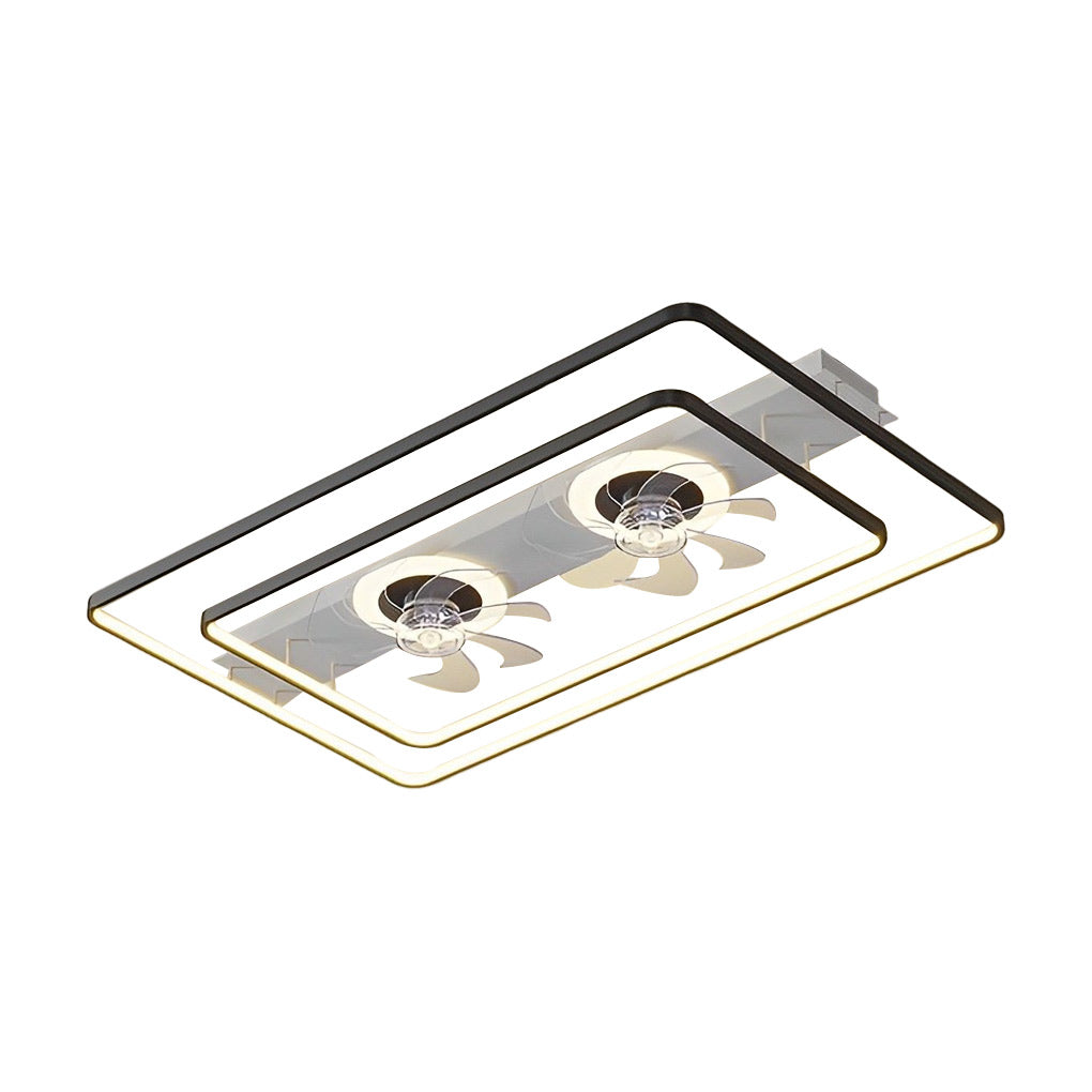 High-end dual head ceiling fans with warm LED lighting in modern open living space.