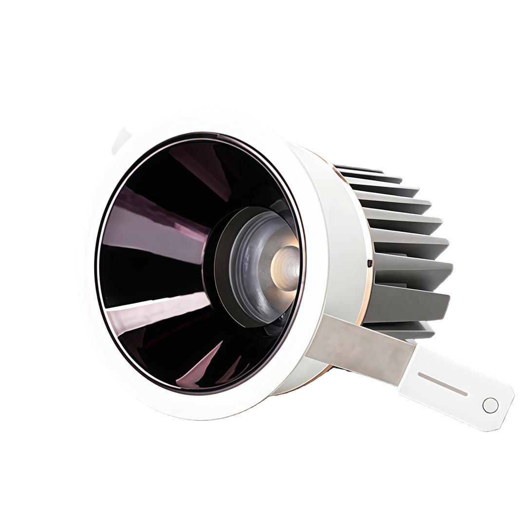 High-power LED recessed spotlight featuring black reflector and silver heat sink with anti-glare design