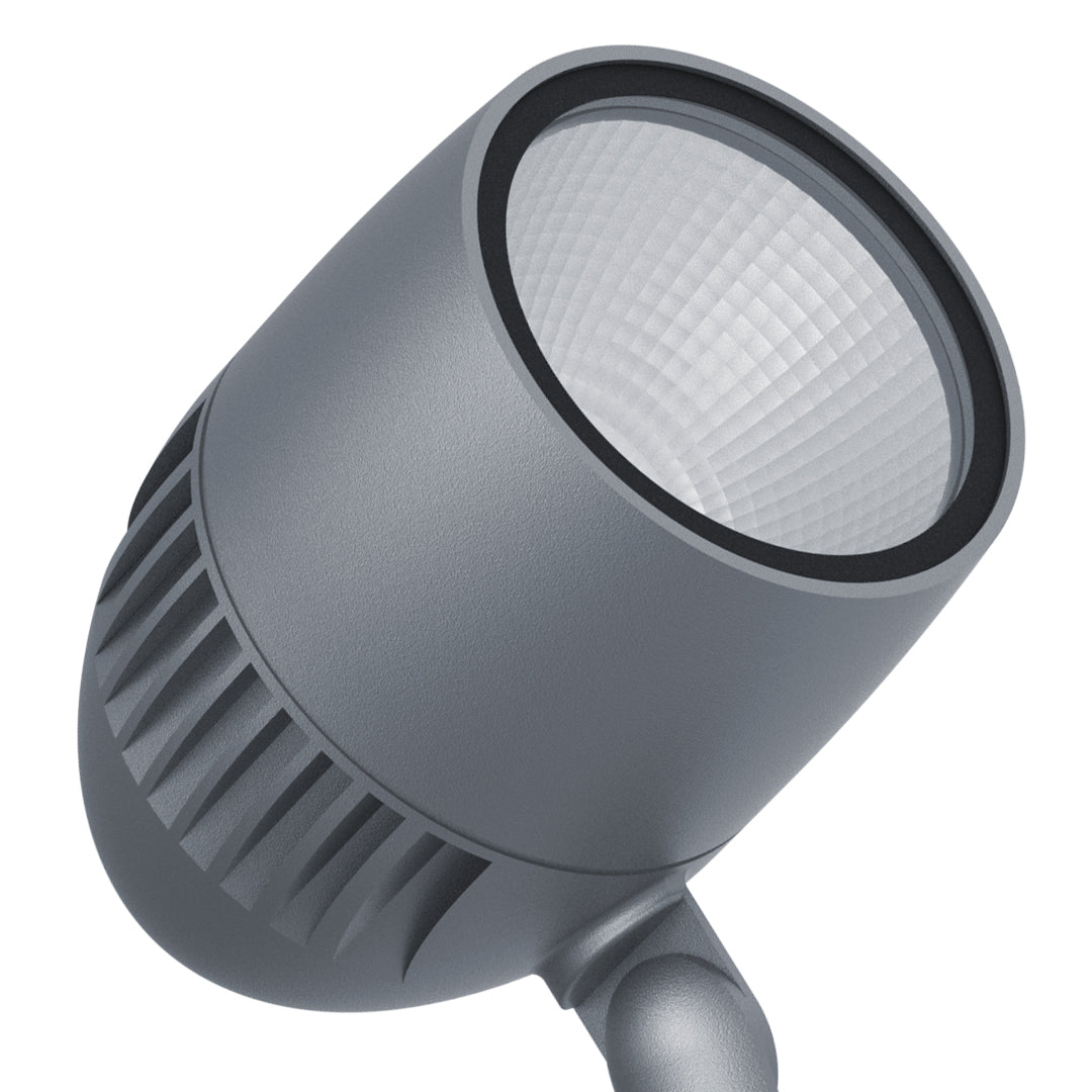 High-quality LED spotlight head with heat sink fins and honeycomb lens for precise beam control