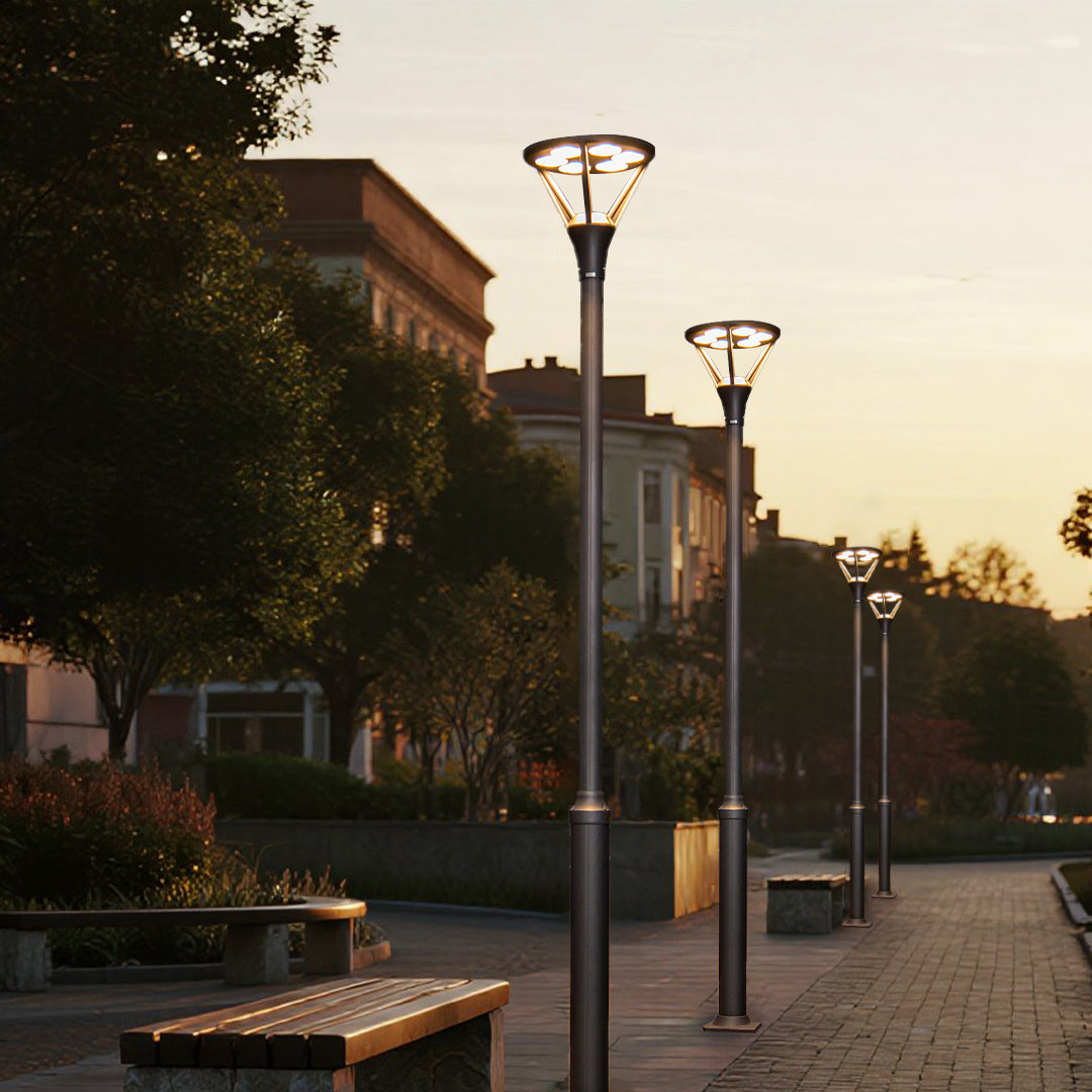 Historic district street lighting with classic lamp posts enhancing architectural streetscape at dusk