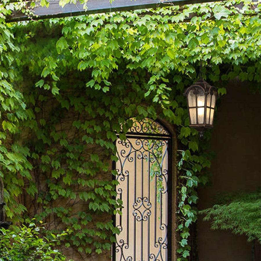 Historic-style hanging lantern positioned in ivy-covered garden setting