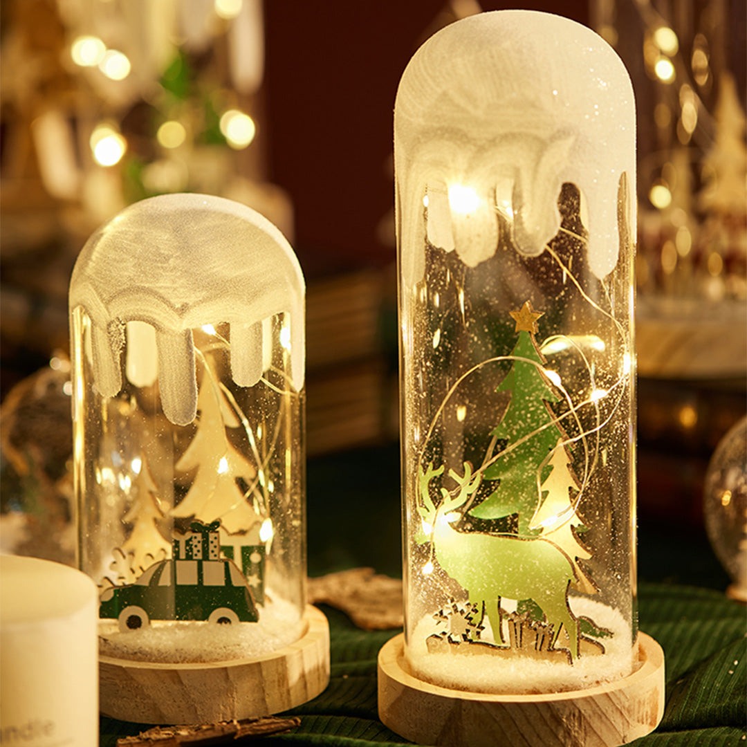 Holiday arrangement of multiple glowing dome lights creating a warm ambiance like white glass table lamps.