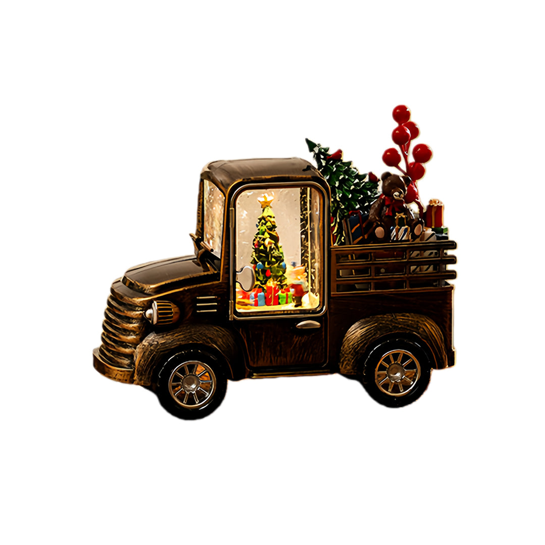 Holiday truck decoration with lit miniature tree scene, giving off a cozy modern gold table lamp glow.