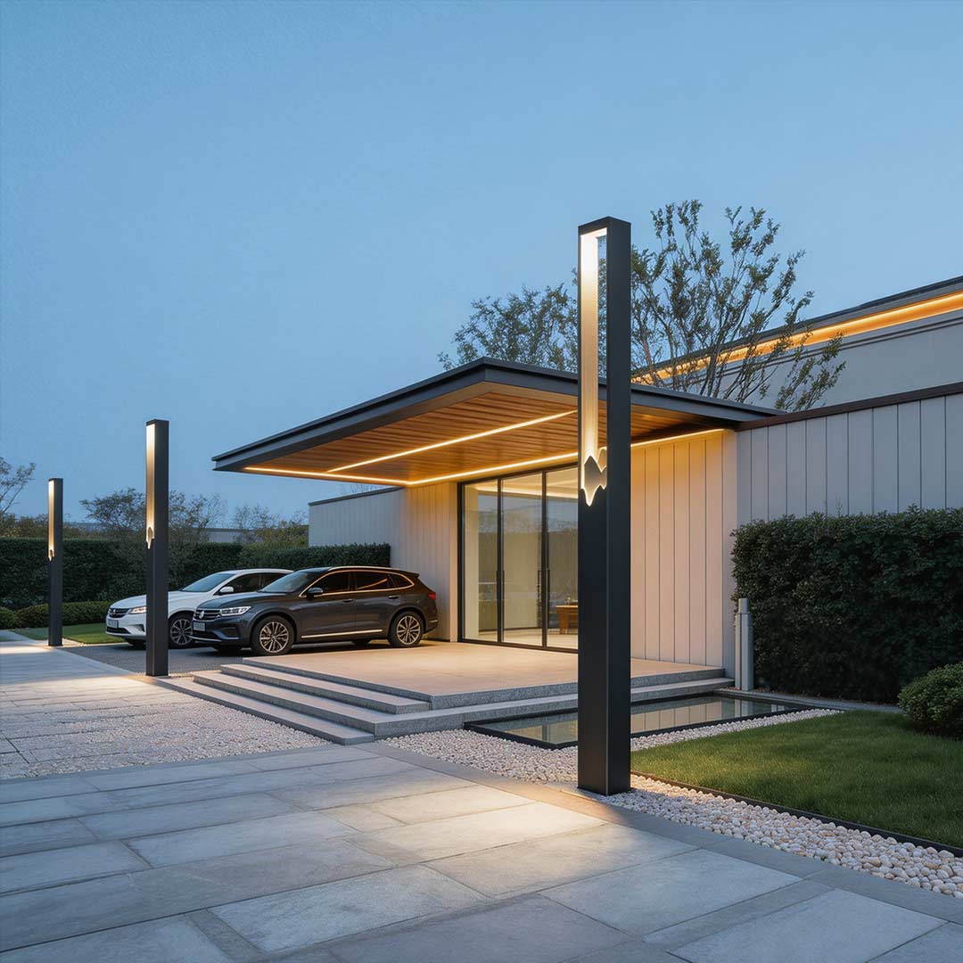 Hollow lawn lamp enhancing a contemporary house entrance with warm ambient light.