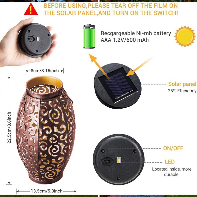 Hollow outdoor solar lights with a close-up of the decorative pattern and light effect.