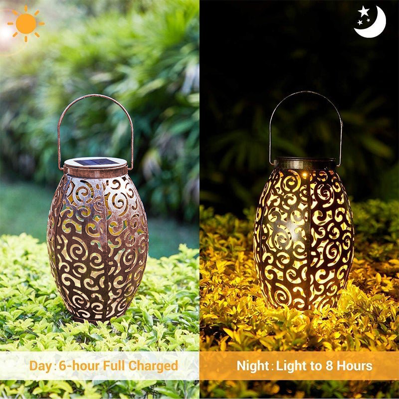 Hollow outdoor solar lights casting a gentle glow in a garden with greenery.