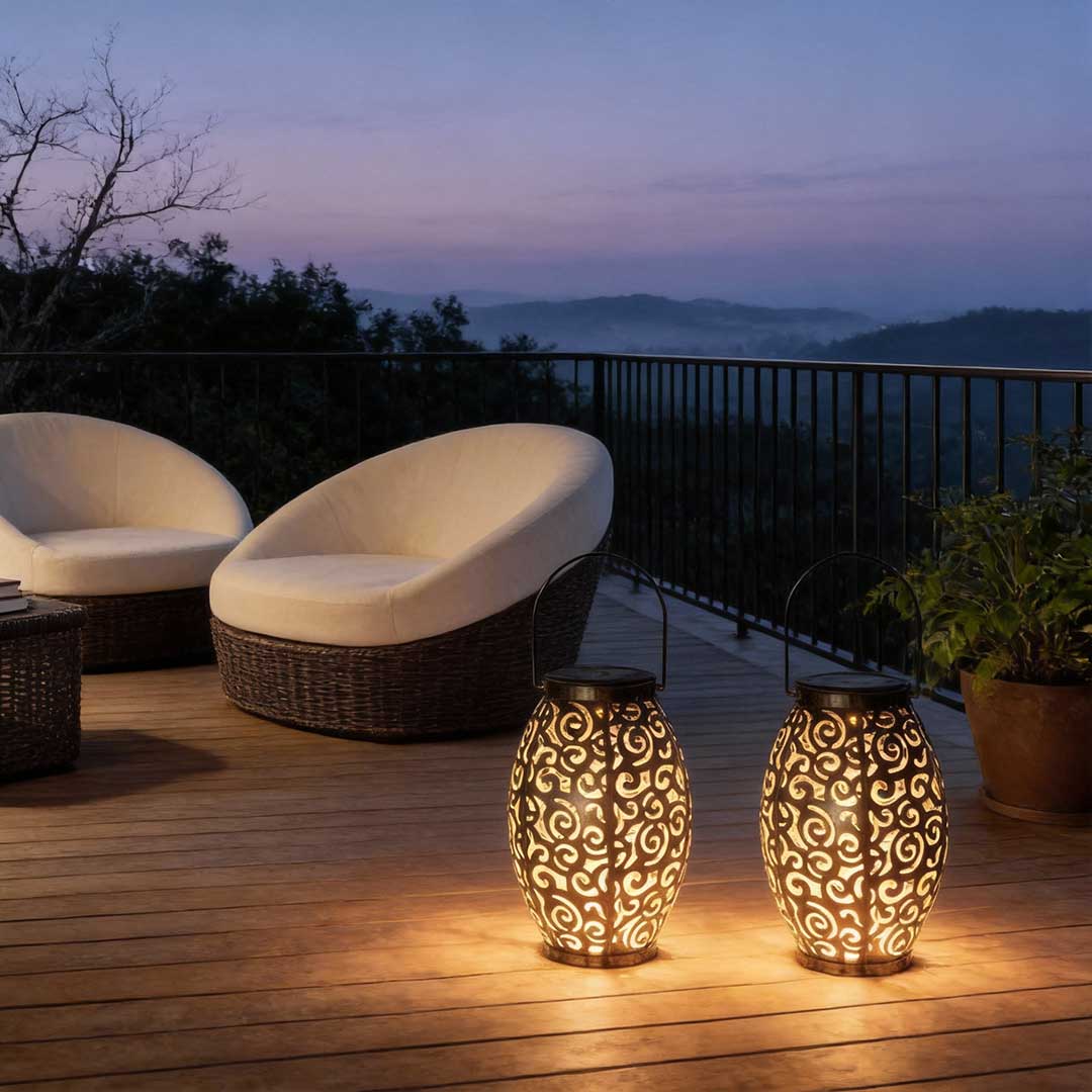 Hollow outdoor solar lights providing soft light on a modern patio with lounge chairs.