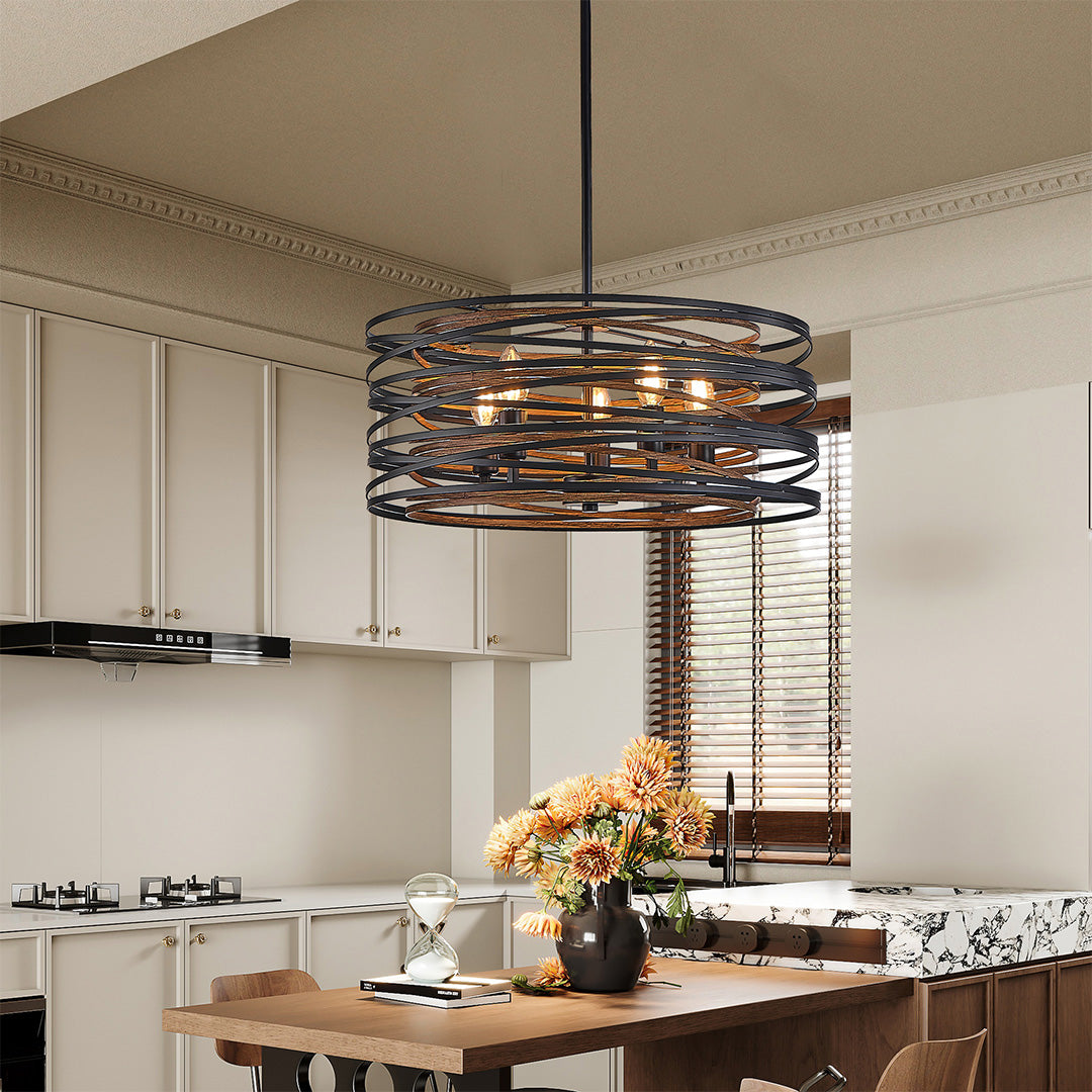 Black drum pendant light above a home bar, creating a stylish focal point for entertaining.