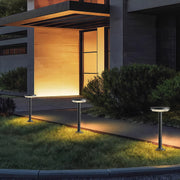 Warm glowing path light solar used along modern home entrance pathway.