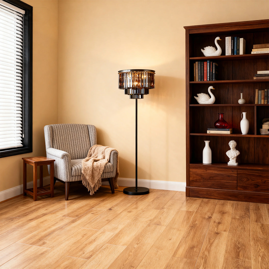 Floor crystal lamp in a home library setting, elegant lighting for reading spaces