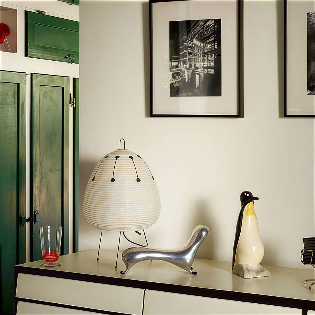 Rice paper table lamps in a home setting, elegant and warm Japanese-inspired lighting