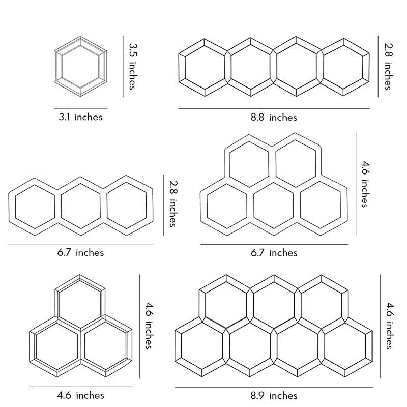 Technical diagram showing dimensions and structure of honeycomb LED lights wall models.