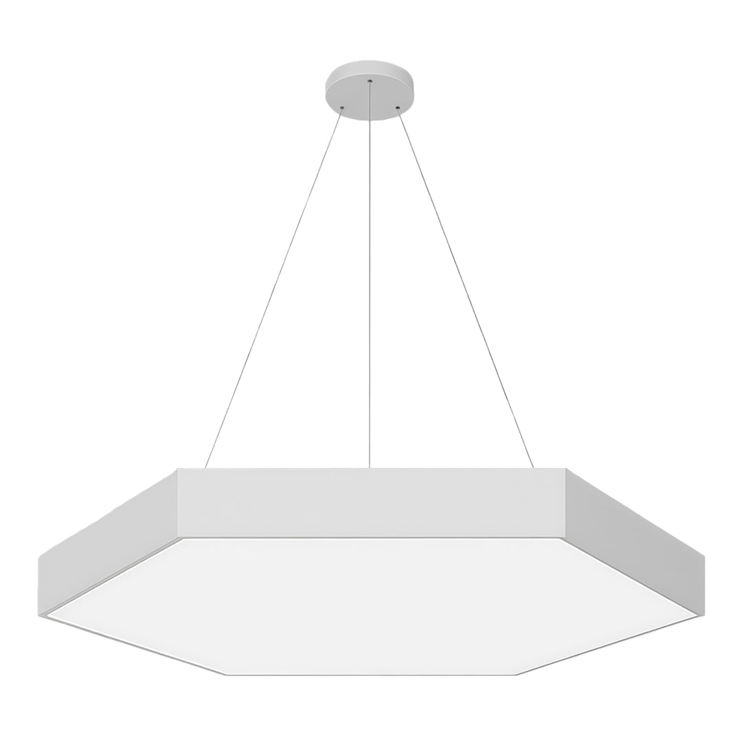 Bright white modern geometric chandelier with a honeycomb-like pattern, perfect for commercial spaces or galleries.