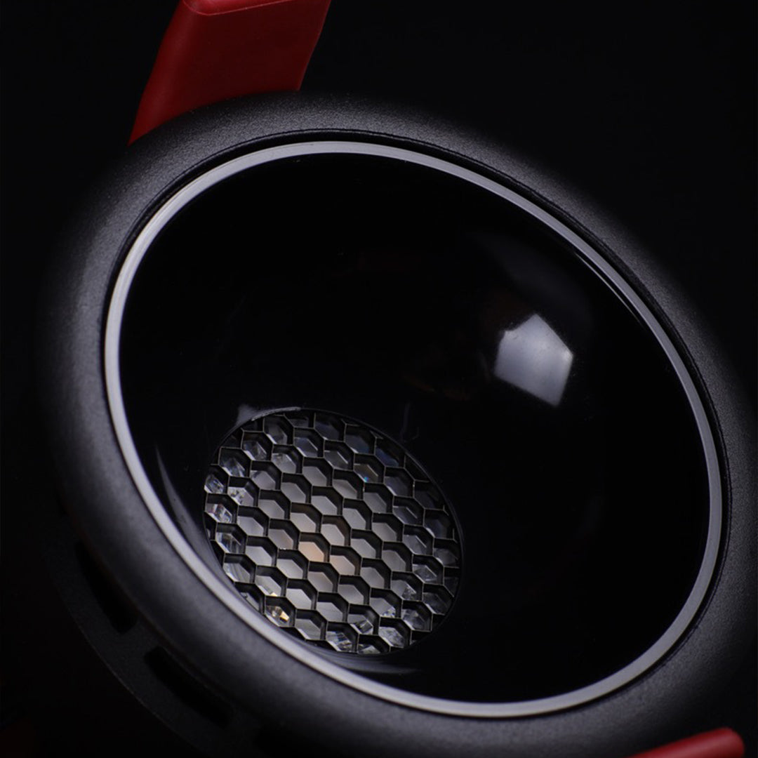 Close-up detail of black ceiling round led lights showing precision honeycomb optic design