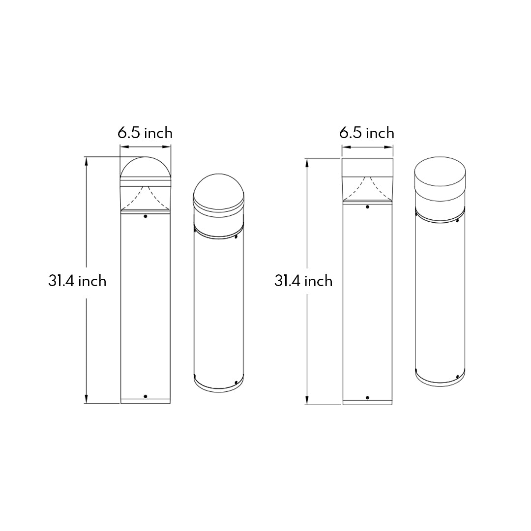 Technical specification drawing showing dimensions for cylindrical bollard with horizontal light band