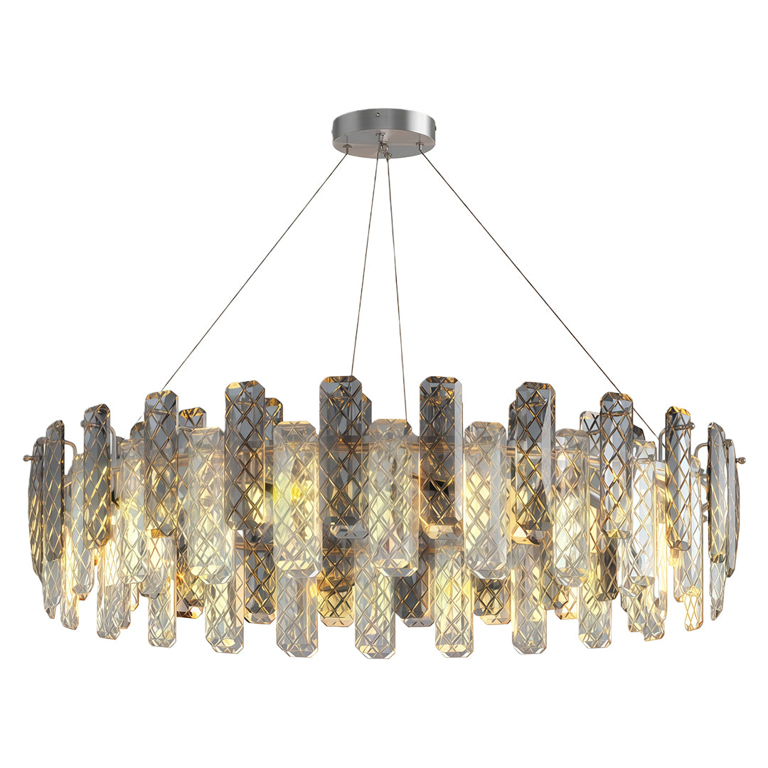 Luxury contemporary crystal chandeliers with horizontal brass bar and hanging crystal glass.
