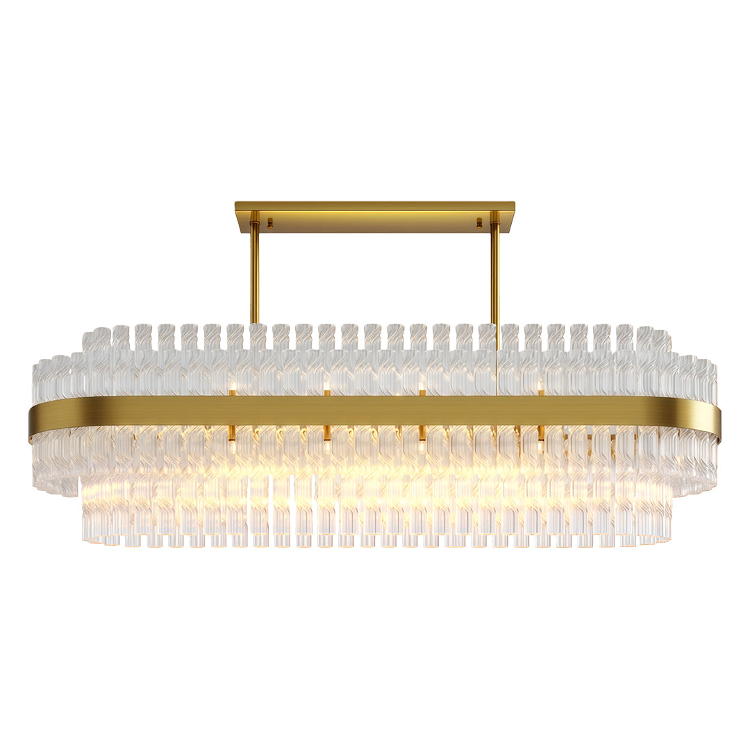 Modern luxury chandeliers featuring horizontal brass bar with hanging crystal strands