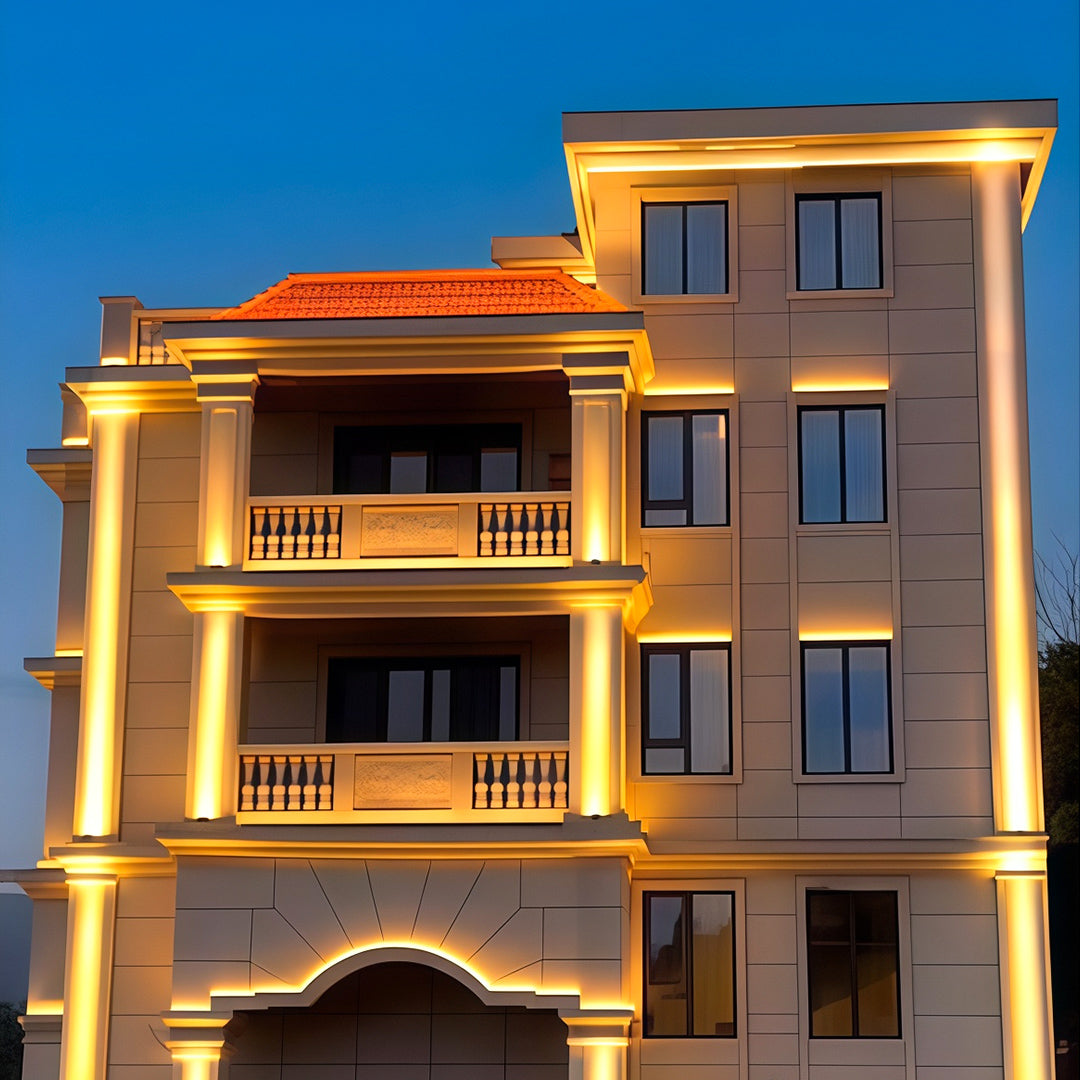 Hotel frontage featuring square wall wash light along the columns.