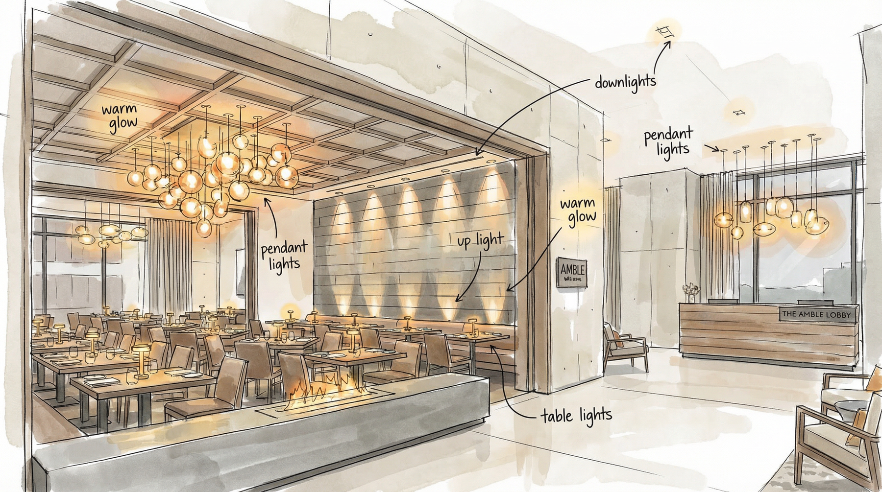 Hotel restaurant and lobby lighting sketch showing pendant clusters, wall uplights, table lamps, and downlights